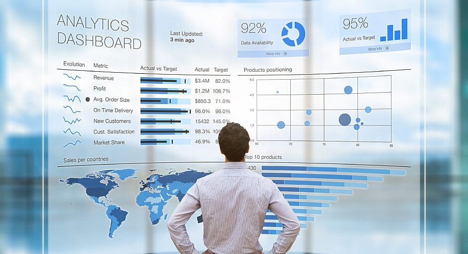 Businessman analyzing business analytics or intelligence dashboard