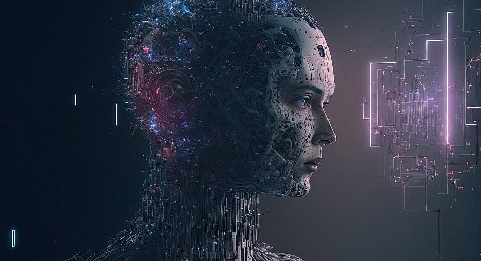 Abstract digital humanoid cyber face. Artificial intelligence