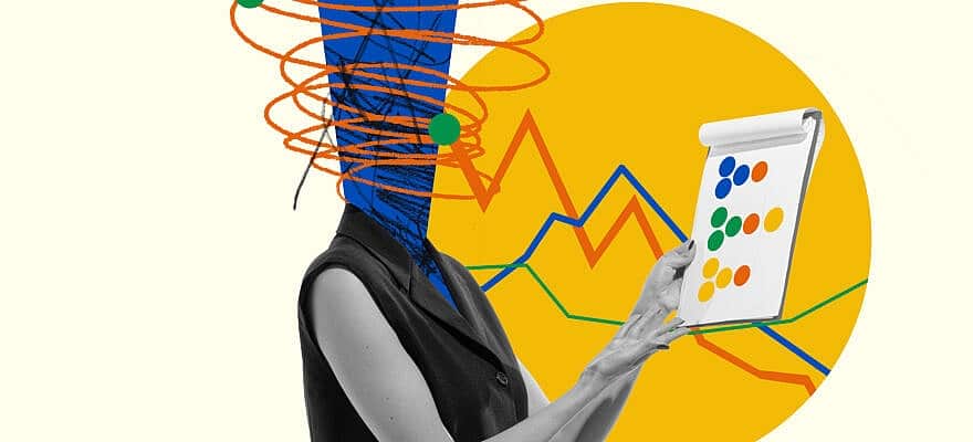 Business analytics, graph. Woman, employee making company growth presentation. Modern design, contemporary art collage.