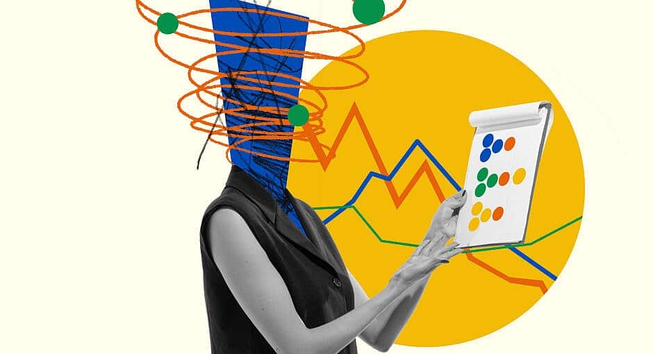 Business analytics, graph. Woman, employee making company growth presentation. Modern design, contemporary art collage.