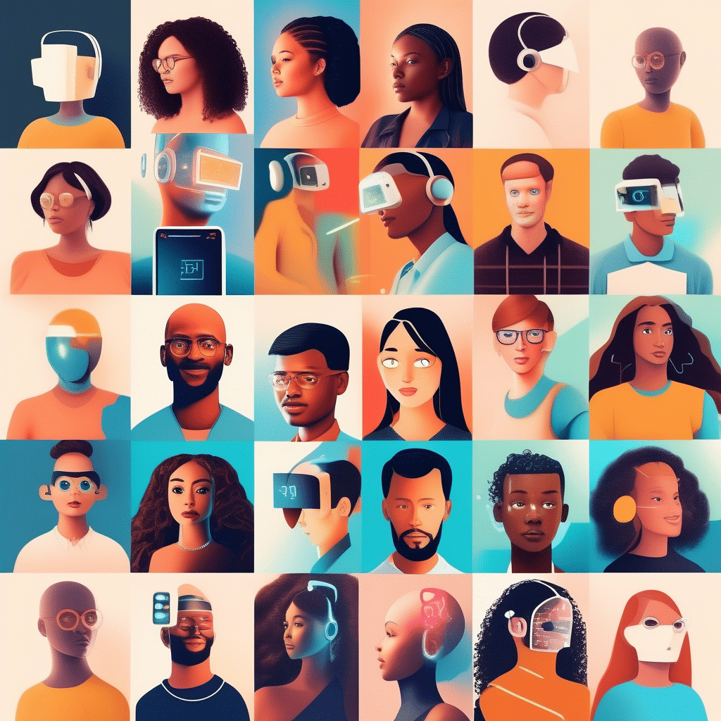 A collage of diverse people interacting with AI technology.