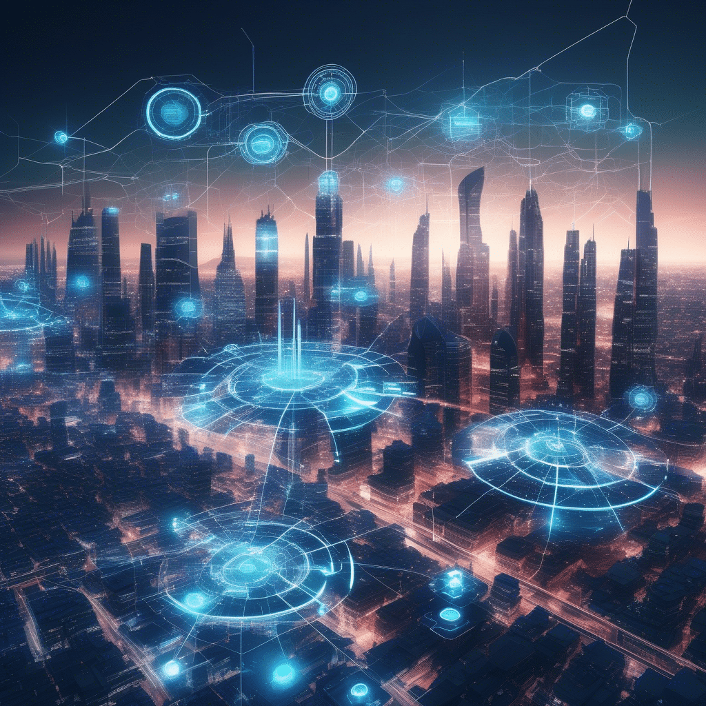 A futuristic city skyline with interconnected AI-powered devices and algorithms at work.