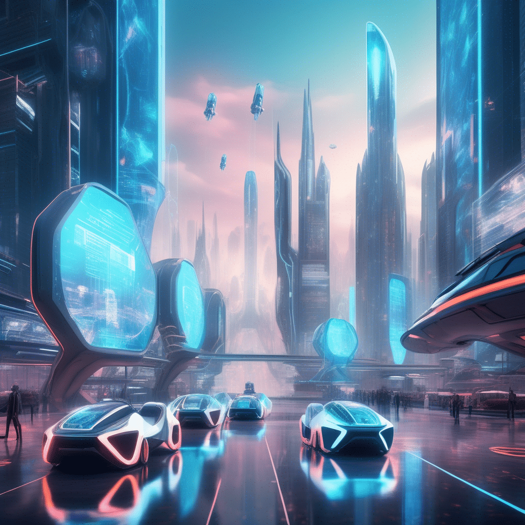 A futuristic cityscape with AI-powered vehicles and holographic displays.