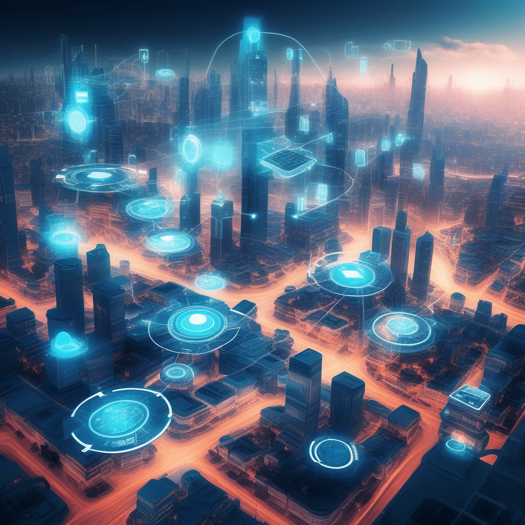 A futuristic cityscape with interconnected smart devices.