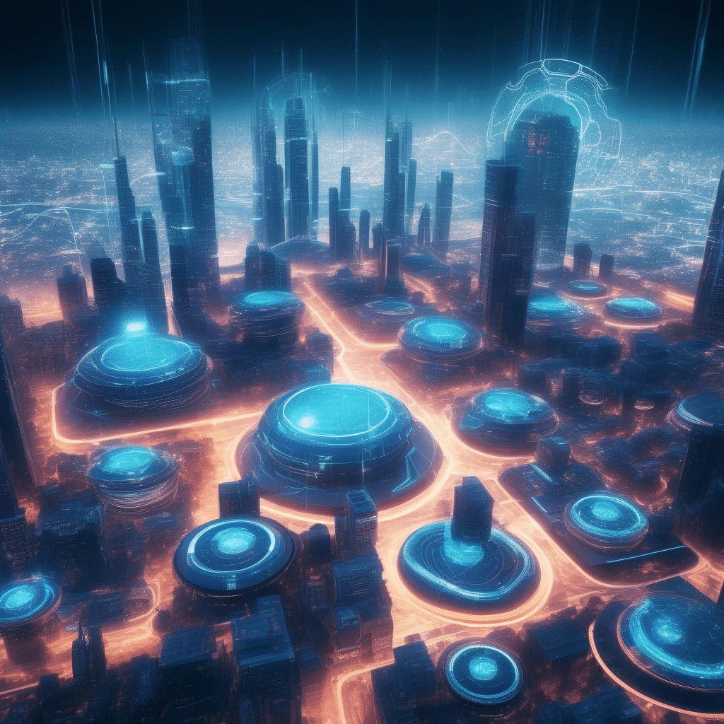 A futuristic cityscape with interconnected AI systems.