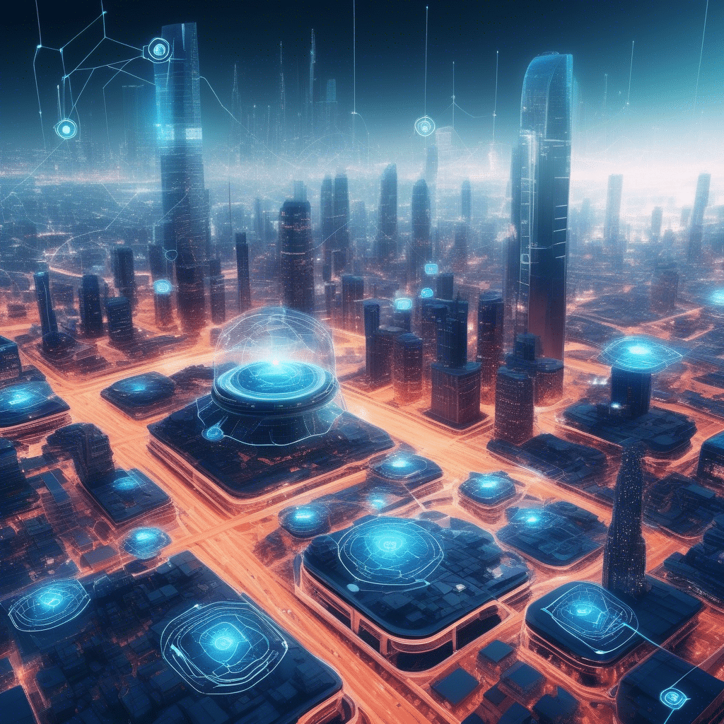 A futuristic cityscape with interconnected AI systems.