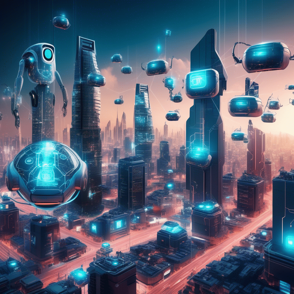 A futuristic cityscape with interconnected AI-powered devices and robots, symbolizing the revolutionizing impact of AI on technology and society.