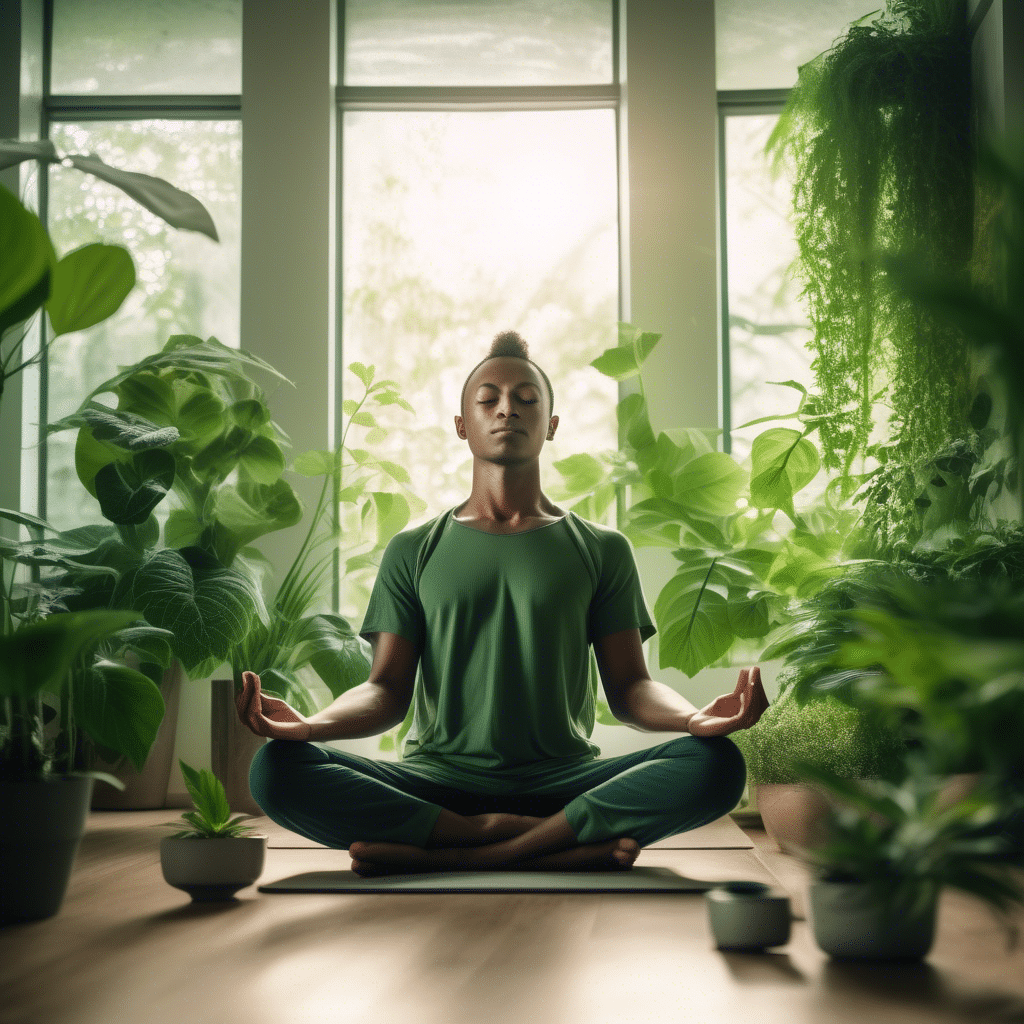 A person meditating in front of a computer surrounded by green plants and natural light.