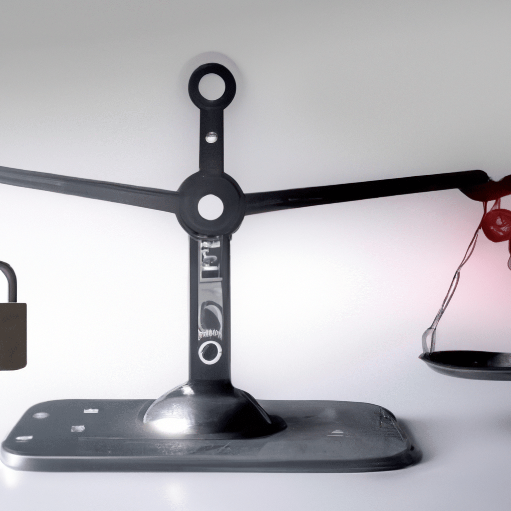 A scale balancing the pros and cons of AI with a padlock symbolizing the role of cybersecurity.