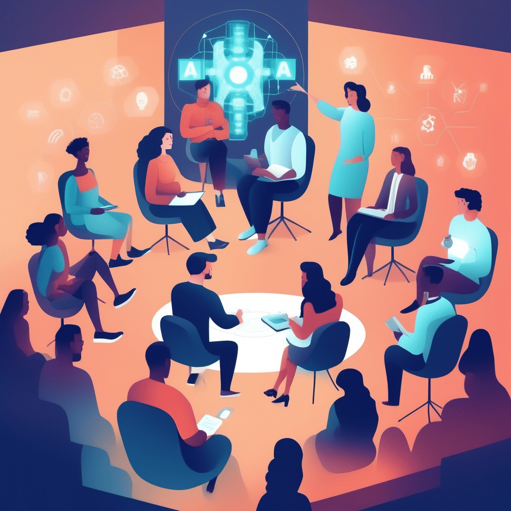 An image of a diverse group of people engaged in a discussion about AI ethics and social implications.