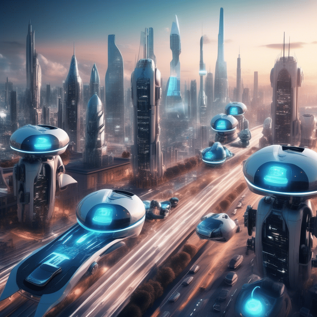 An image of a futuristic city skyline with AI-powered robots and autonomous vehicles, symbolizing the integration of AI into society.