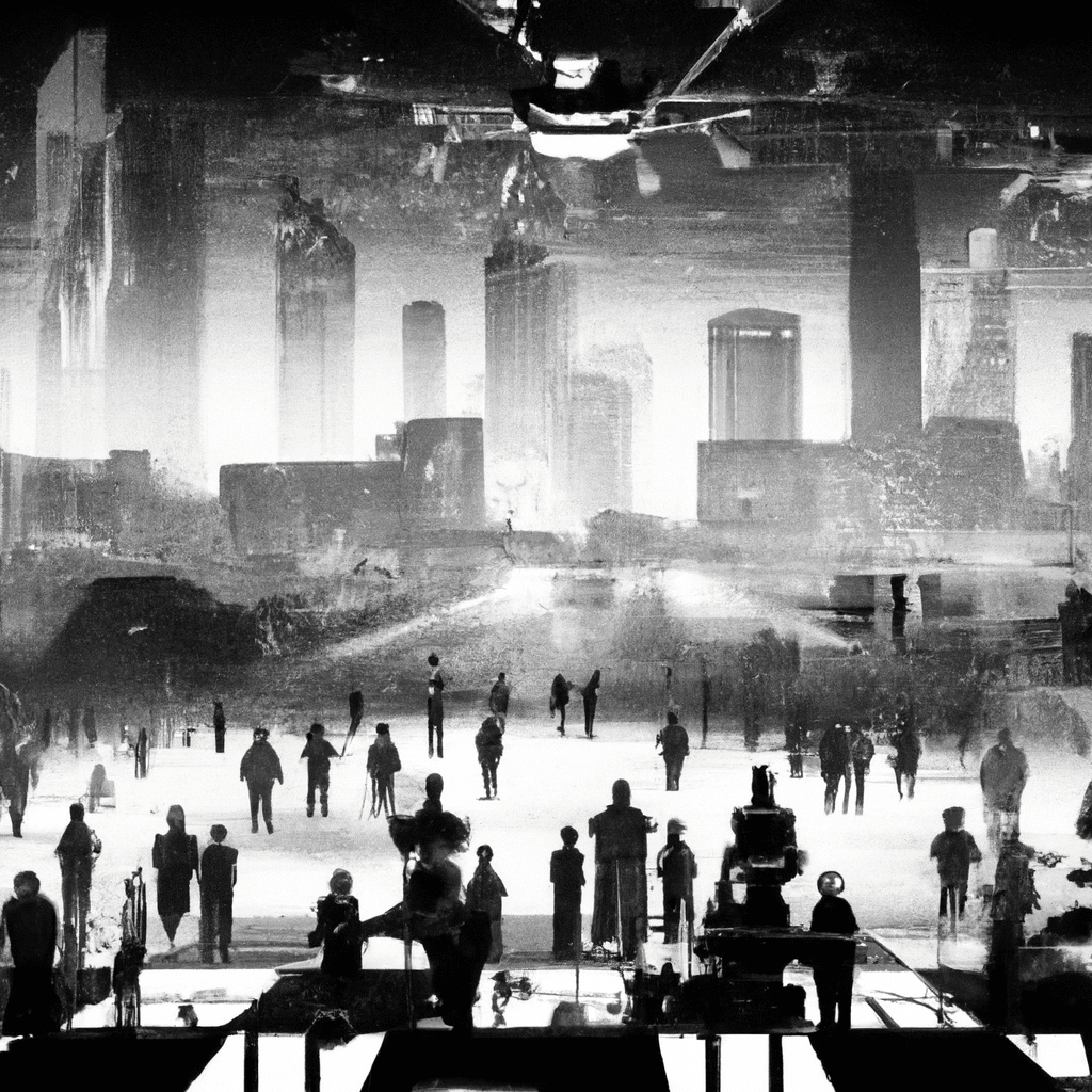 An image of a futuristic cityscape with AI-powered drones and robotic assistants, alongside hackers and cybersecurity professionals battling it out in a virtual landscape.