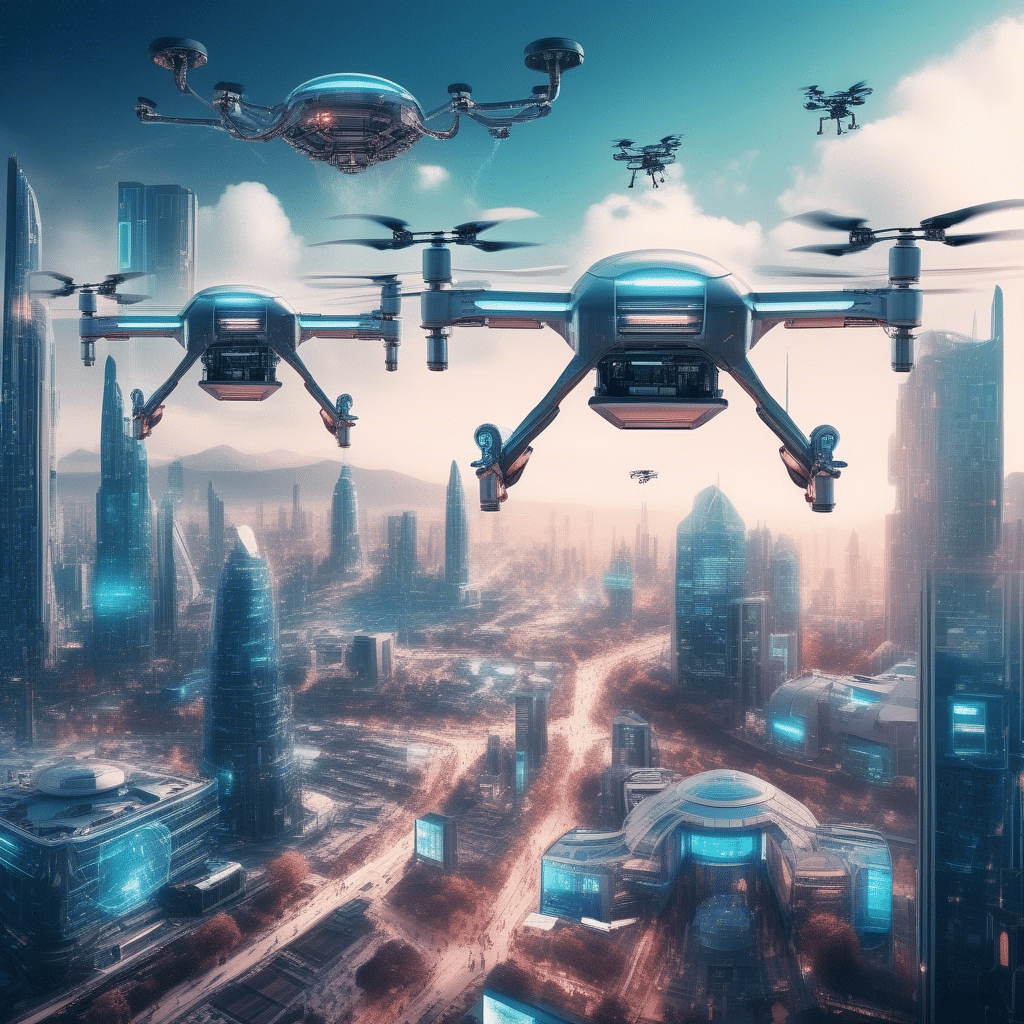 An image of a futuristic cityscape with AI-powered drones flying overhead and people working alongside robots, representing the social impact and ethical concerns of AI.