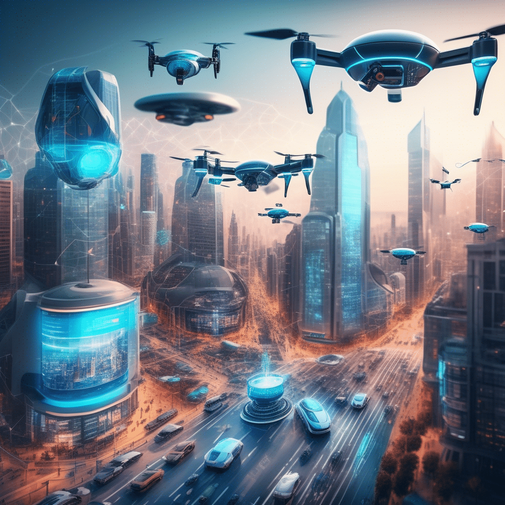 An image of a futuristic cityscape with AI-powered drones and self-driving cars navigating through a bustling metropolis, symbolizing the integration of AI into our daily lives and its impact on technology development and social change.