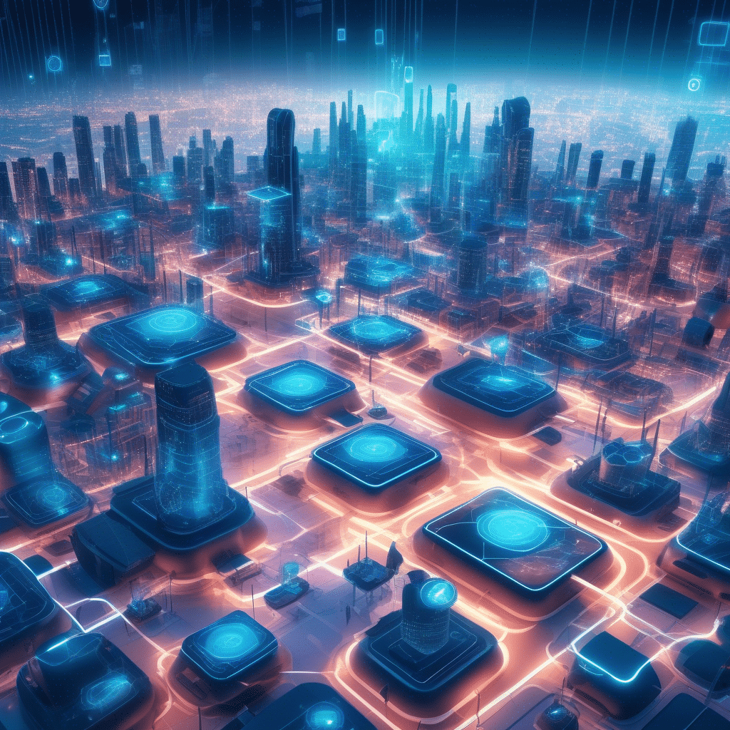 An image of a futuristic cityscape with interconnected AI-powered devices and data flowing through secure networks.