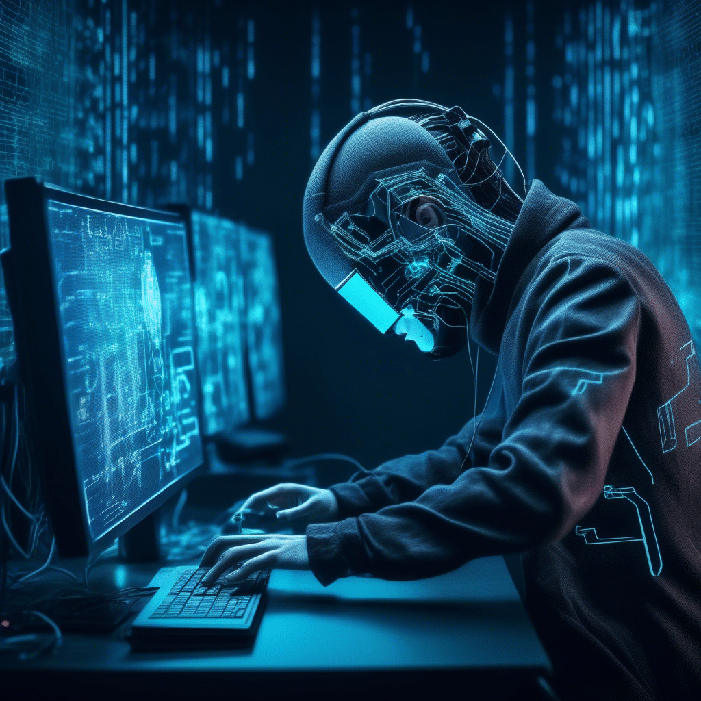 An image of a futuristic hacker manipulating AI algorithms.