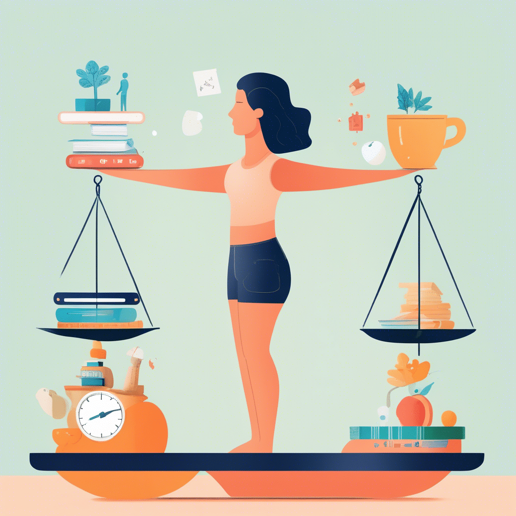 An image of a person balancing work and personal life on a scale, with one side filled with IT-related objects and the other side filled with self-care activities and hobbies.