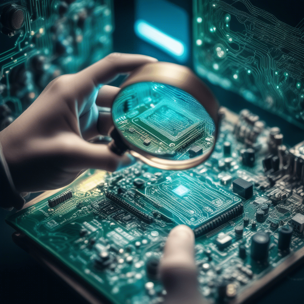 An image of a person holding a magnifying glass, examining a circuit board with AI algorithms flowing out, representing the exploration of AI's social impact and ethical considerations.