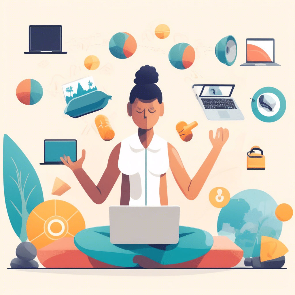 An image of a person juggling a laptop, dumbbell, meditation pillow, and vacation photos, representing the balance between work, physical health, stress management, and personal life for IT professionals.
