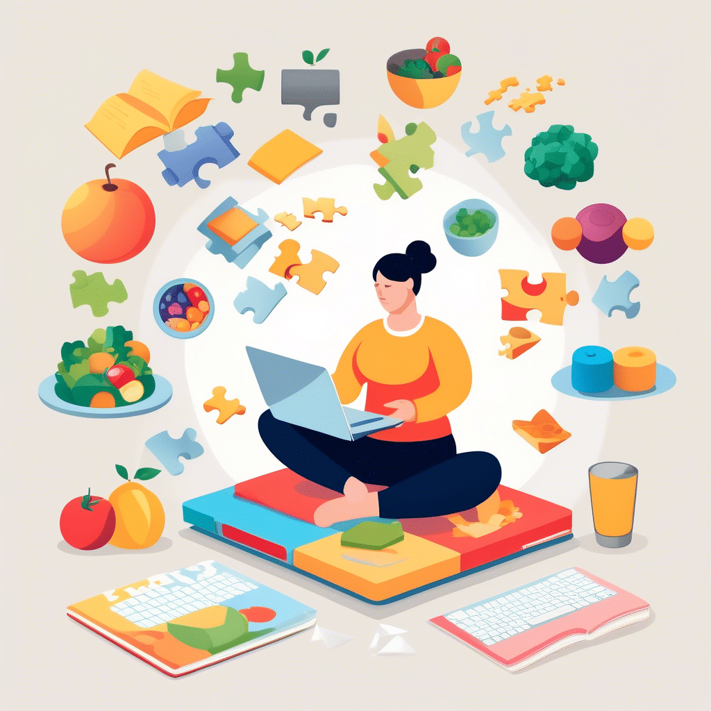 An image of a person juggling puzzle pieces, a laptop, a book, a dumbbell, a meditation cushion, and a plate of healthy food to represent the strategies for boosting cognitive function for IT professionals.