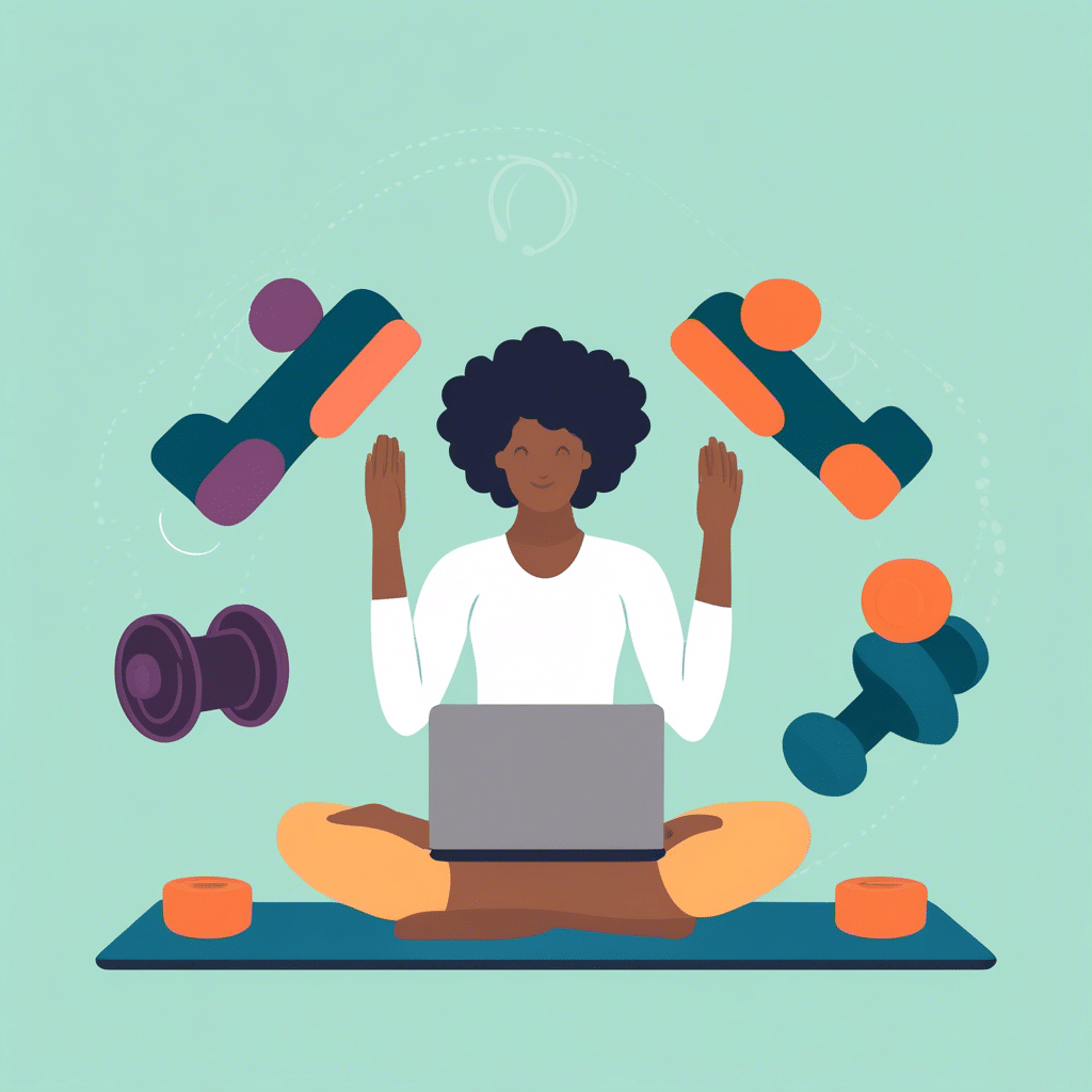 An image of a person juggling work and personal life, with a laptop on one side and a yoga mat and weights on the other, symbolizing the need for balance and self-care in the IT field.