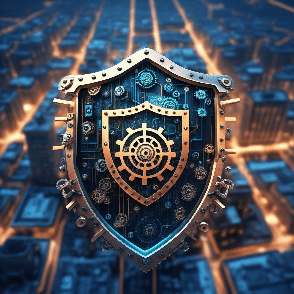 An image of a shield protecting a city with gears representing AI technology and locks symbolizing cybersecurity.
