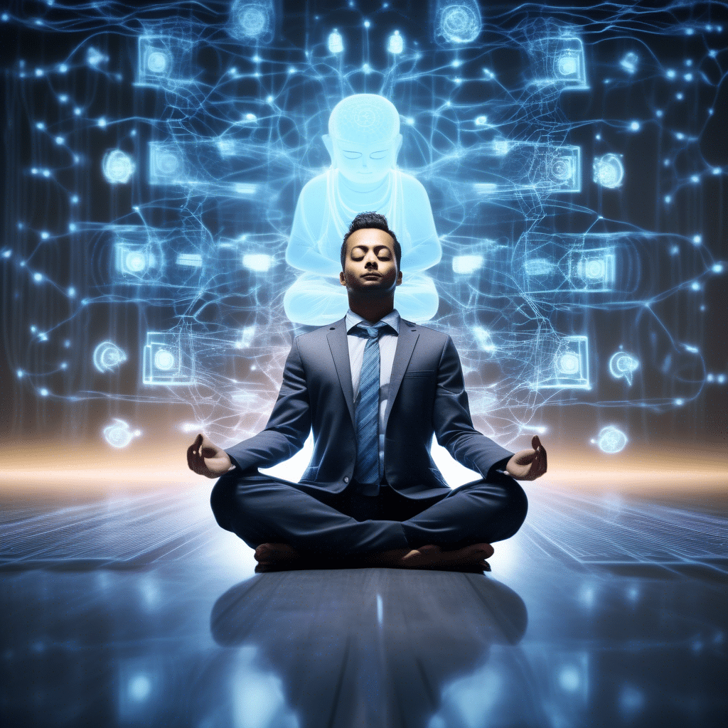 An image of an IT professional meditating in a serene environment while surrounded by technology.