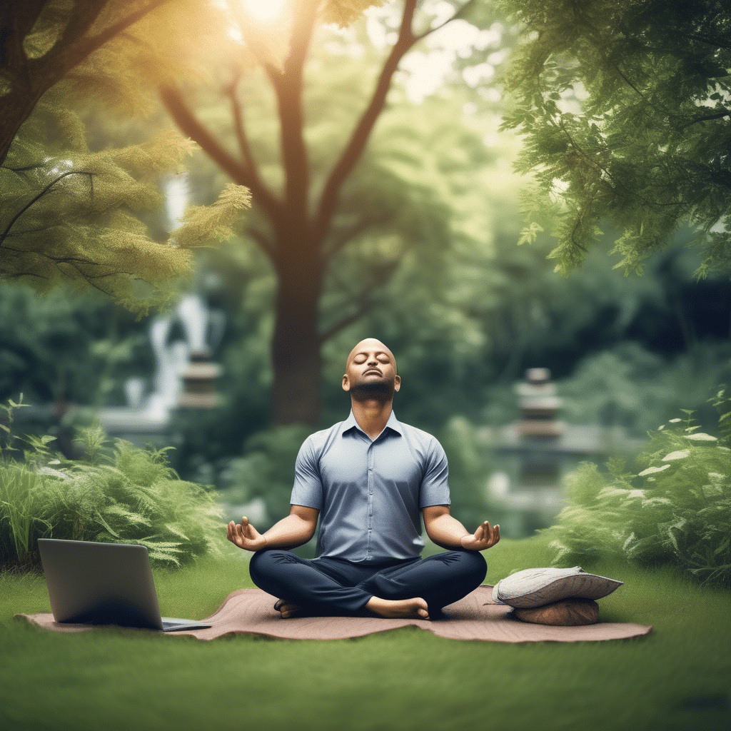 An image of an IT professional meditating in a serene outdoor setting, surrounded by nature and technology.
